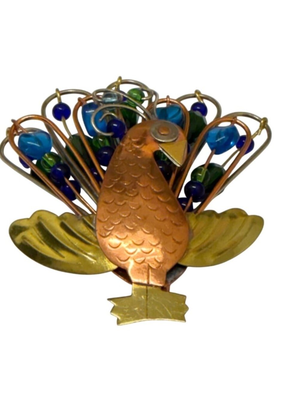 Vintage Handcrafted Peacock Brooch – Mixed Metal & Glass Bead Design